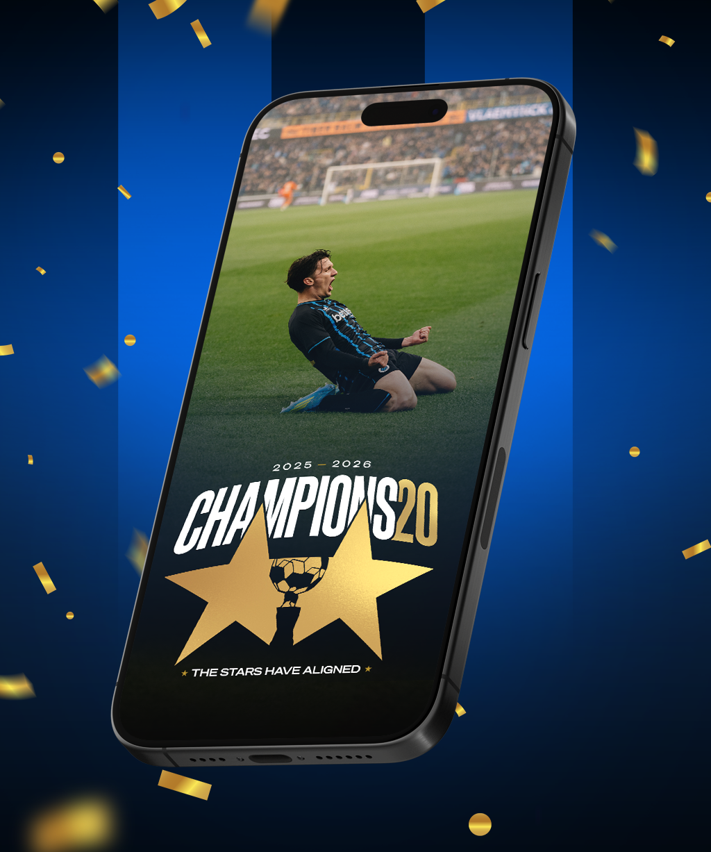 Smartphone met kampioenen wallpaper en twee gouden sterren